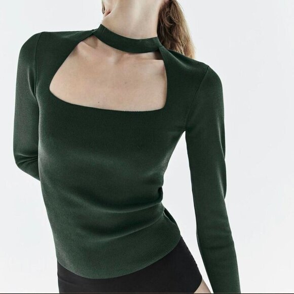 Zara Sweaters - Zara Dark Green Square Neck Cut-Out Top Size Medium NWT
